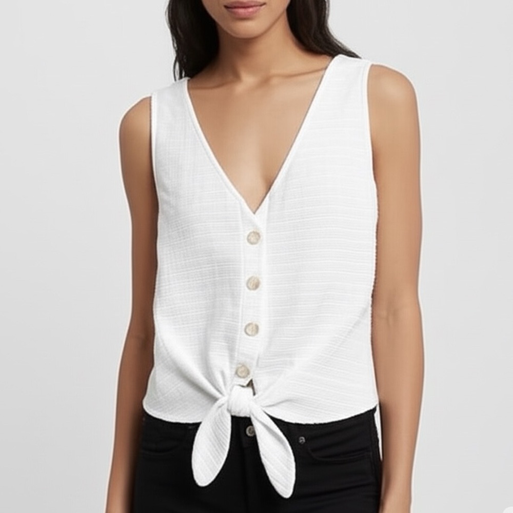 J. Crew Tie Front Button Down Textured Stripe Tank Top Vest White XL Casual Chic